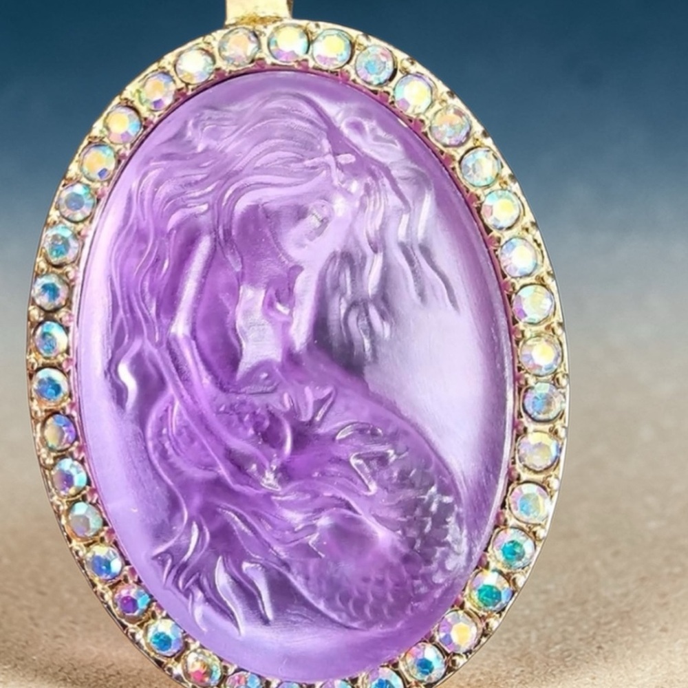 Kirk's Folly Purple Mermaid Cameo Necklace Gold Tone w/ Aurora Borealis Crystals - Picture 3 of 8
